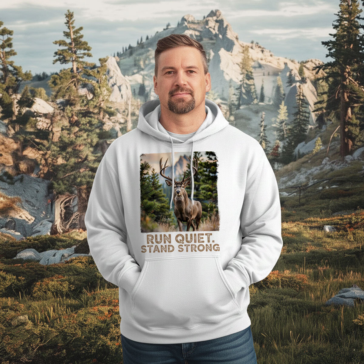 Run Quiet Stand Strong Graphic Tee, Deer Hunting Shirt For Men, Buck Deer Outdoor Shirt, Gift For Hunters, Wapiti Craft Hoodie