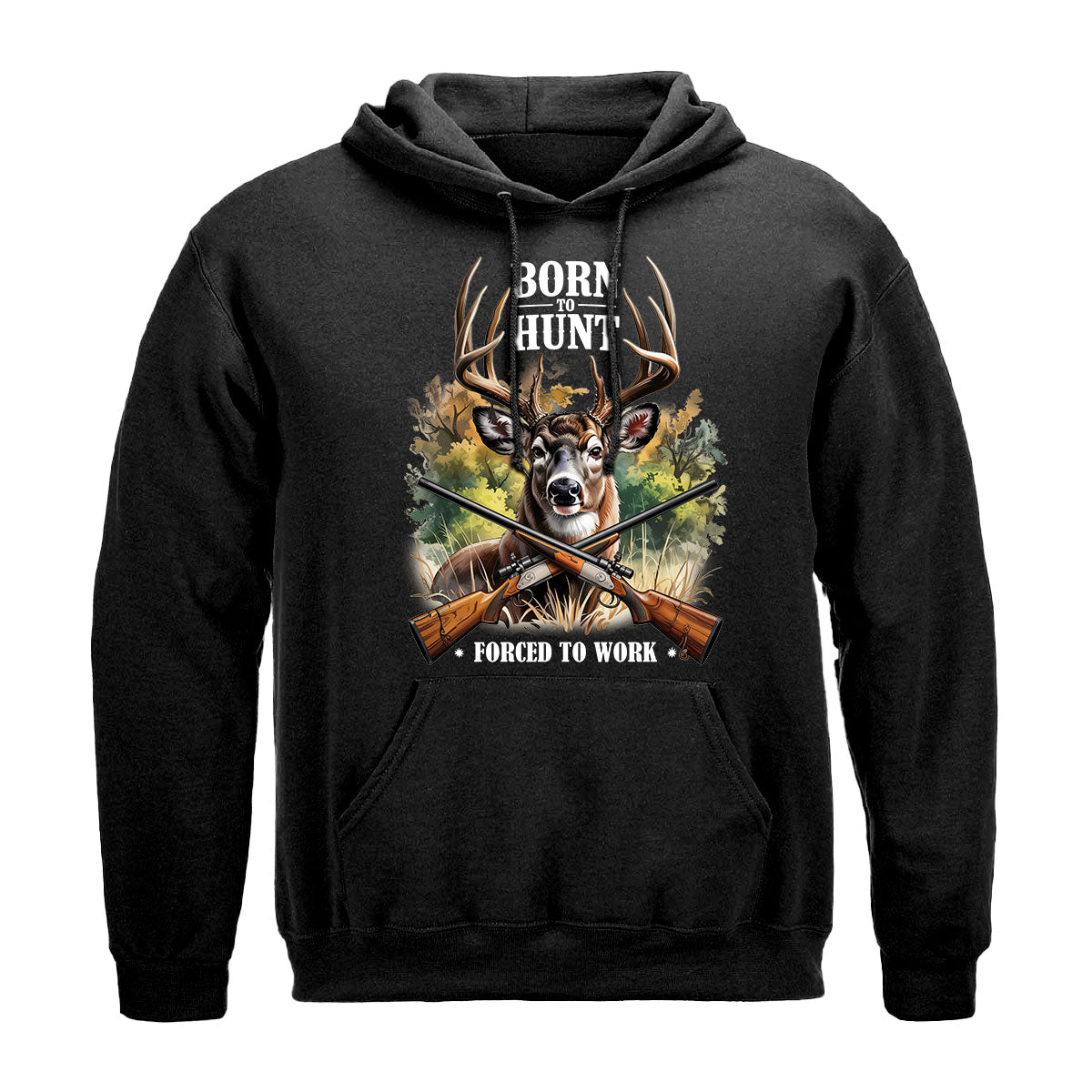 Deer Graphic Tee With Crossed Guns, Born To Hunt Shirt For Men, Forced To Work Hunting Humor, Gift For Hunters, Wapiti Craft Hoodie