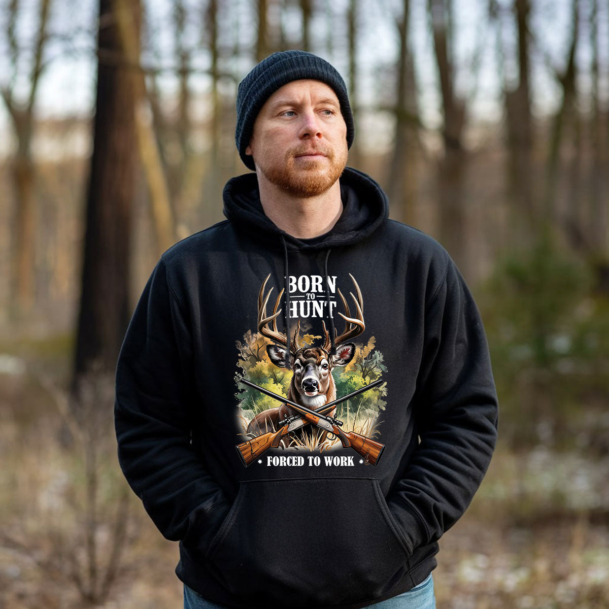 Deer Graphic Tee With Crossed Guns, Born To Hunt Shirt For Men, Forced To Work Hunting Humor, Gift For Hunters, Wapiti Craft Hoodie
