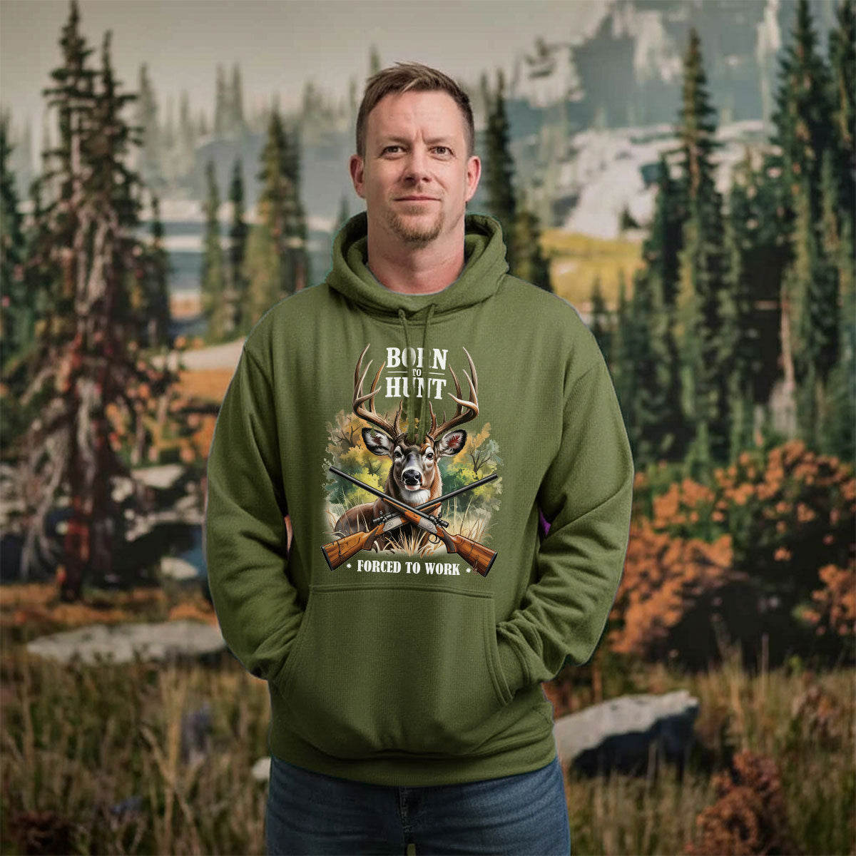 Deer Graphic Tee With Crossed Guns, Born To Hunt Shirt For Men, Forced To Work Hunting Humor, Gift For Hunters, Wapiti Craft Hoodie