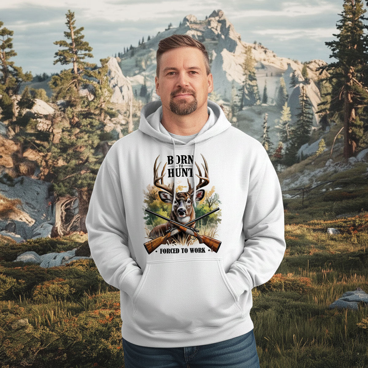 Deer Graphic Tee With Crossed Guns, Born To Hunt Shirt For Men, Forced To Work Hunting Humor, Gift For Hunters, Wapiti Craft Hoodie