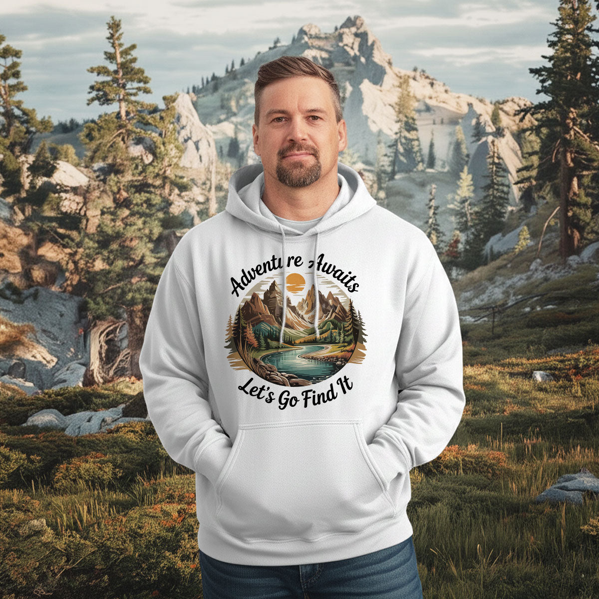 Adventure Shirt For Men, Adventure Awaits Let’s Go Find It Tee, Mountain River Exploration Shirt, Gift For Hikers, Wapiti Craft Hoodie