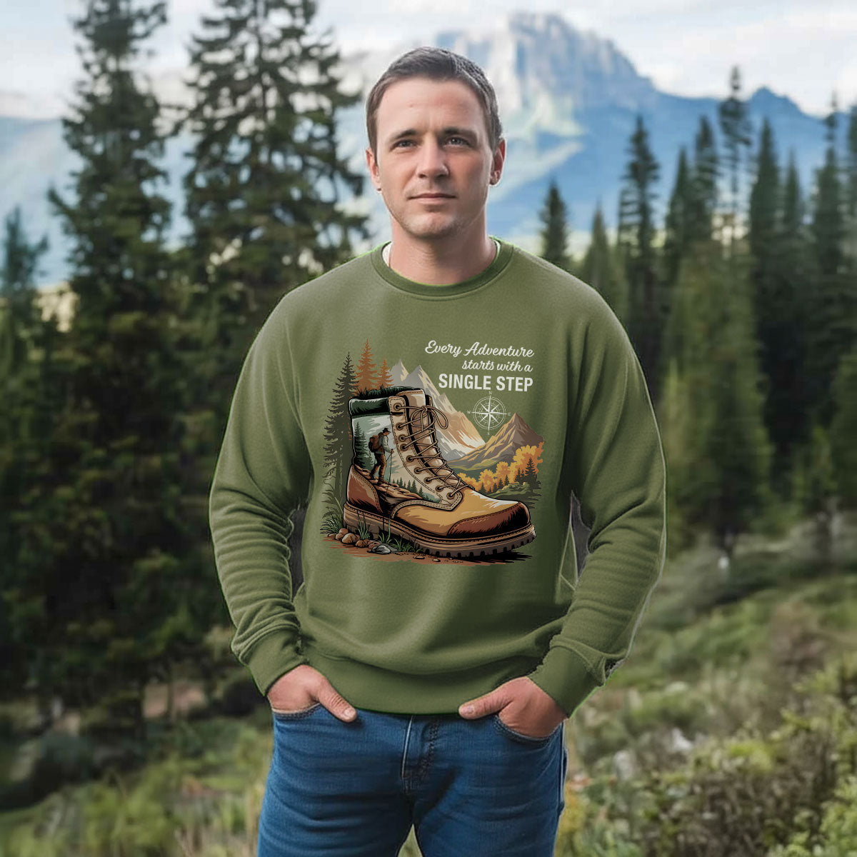 Hiking Boots Mountain Tee, Every Adventure Starts With A Single Step Shirt, Gift For Hikers, Wapiti Craft Sweatshirt
