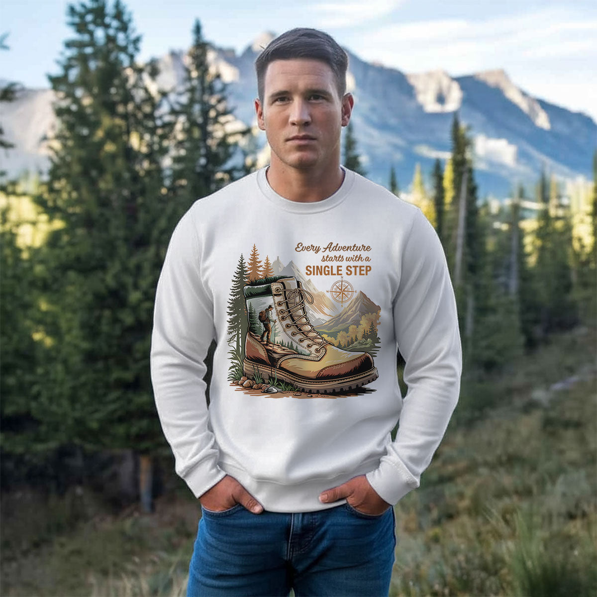 Hiking Boots Mountain Tee, Every Adventure Starts With A Single Step Shirt, Gift For Hikers, Wapiti Craft Sweatshirt