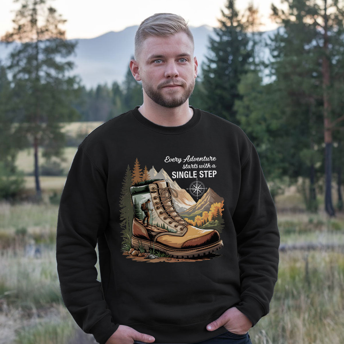 Hiking Boots Mountain Tee, Every Adventure Starts With A Single Step Shirt, Gift For Hikers, Wapiti Craft Sweatshirt