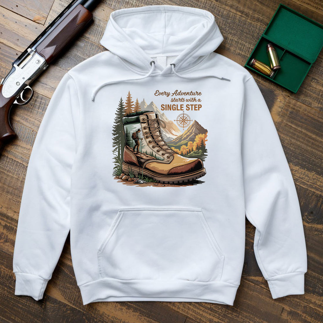 Hiking Boots Mountain Tee, Every Adventure Starts With A Single Step Shirt, Gift For Hikers, Wapiti Craft Hoodie