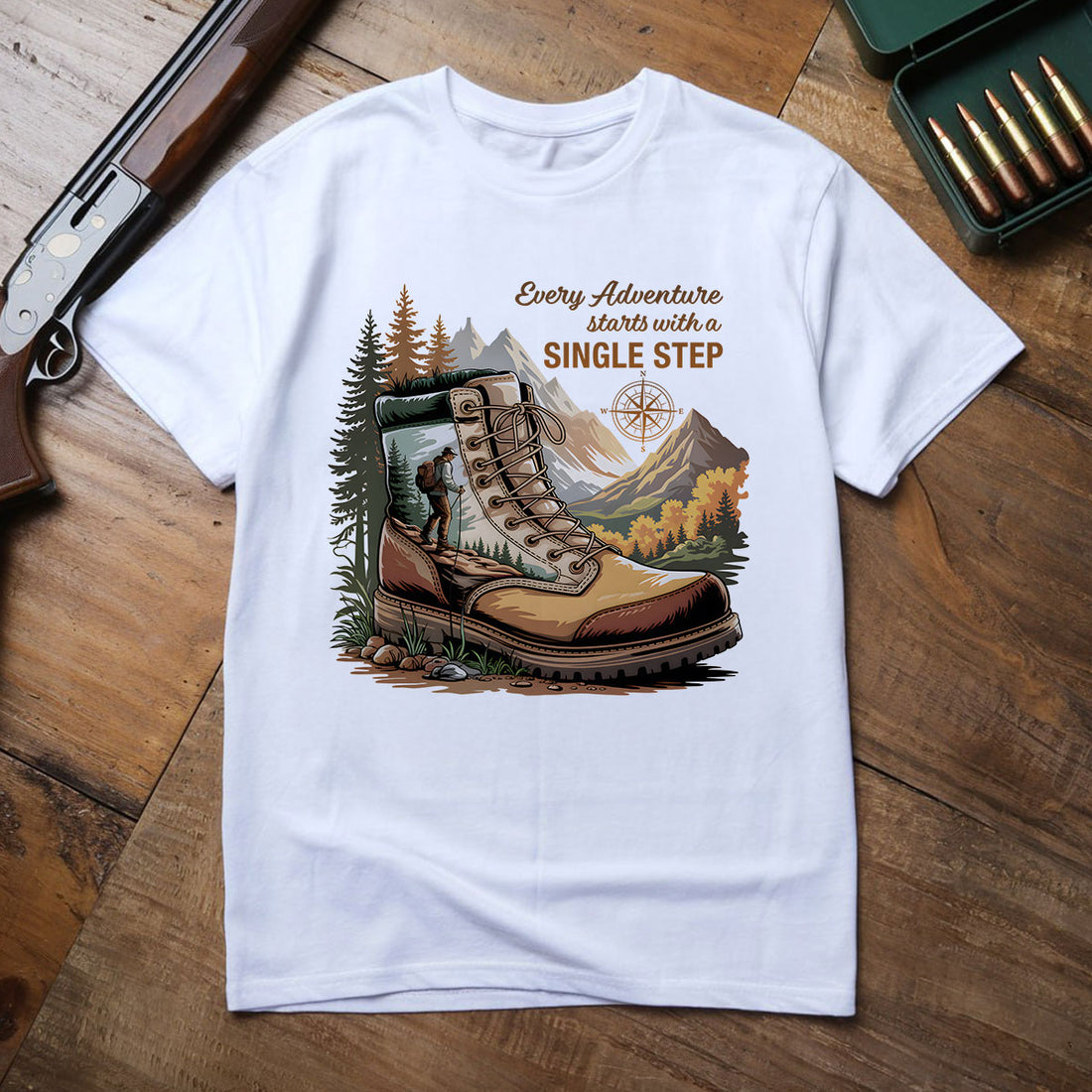 Hiking Boots Mountain Tee, Every Adventure Starts With A Single Step Shirt, Gift For Hikers, Wapiti Craft T-shirt