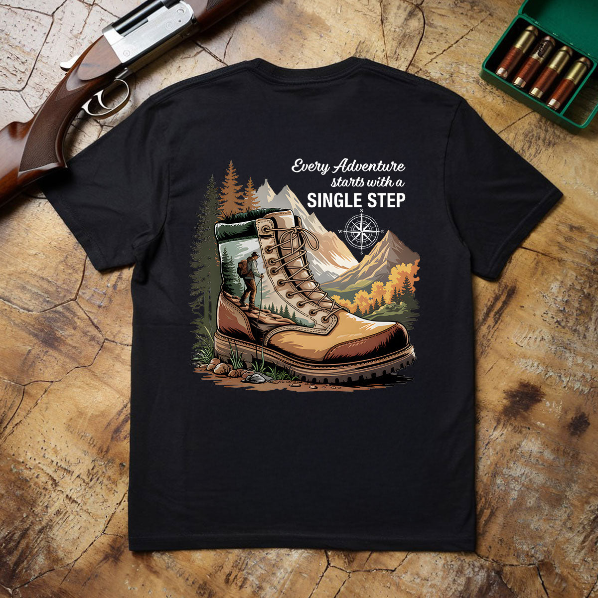 Hiking Boots Mountain Tee, Every Adventure Starts With A Single Step Shirt, Gift For Hikers, Wapiti Craft T-shirt