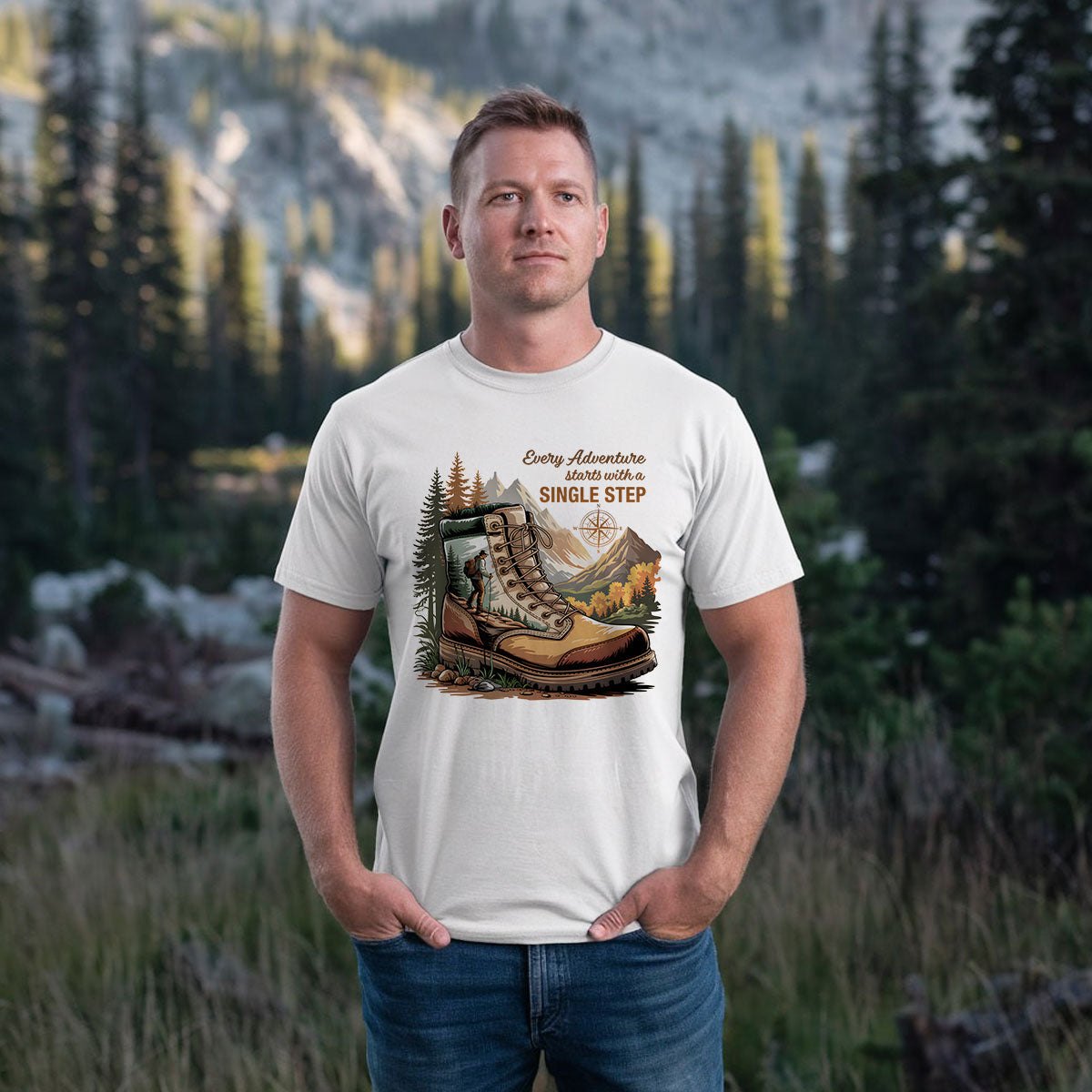 Hiking Boots Mountain Tee, Every Adventure Starts With A Single Step Shirt, Gift For Hikers, Wapiti Craft T-shirt