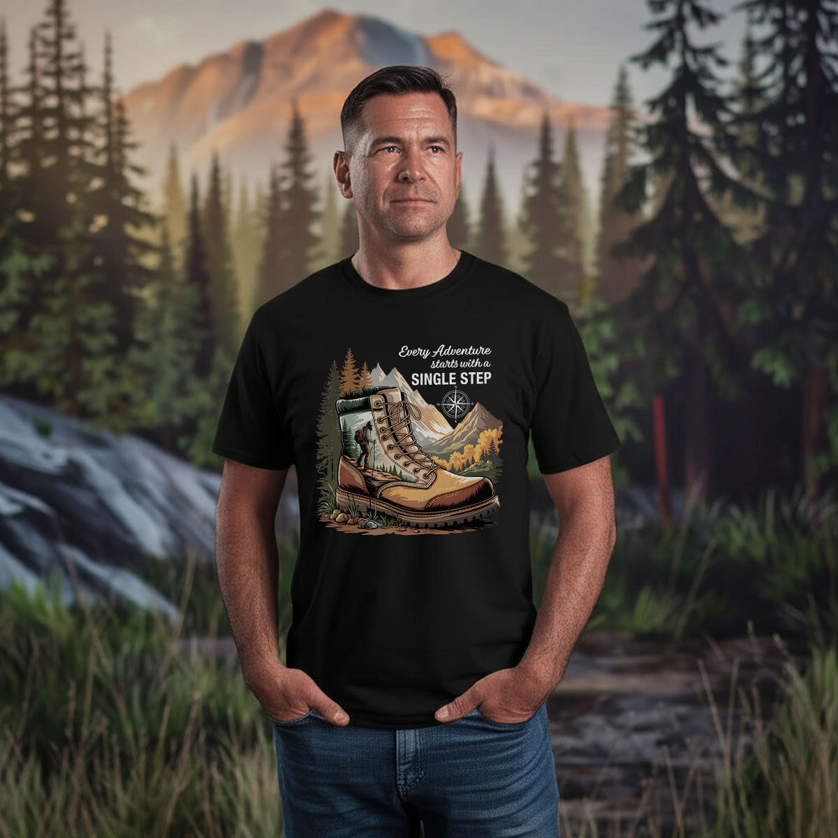 Hiking Boots Mountain Tee, Every Adventure Starts With A Single Step Shirt, Gift For Hikers, Wapiti Craft T-shirt