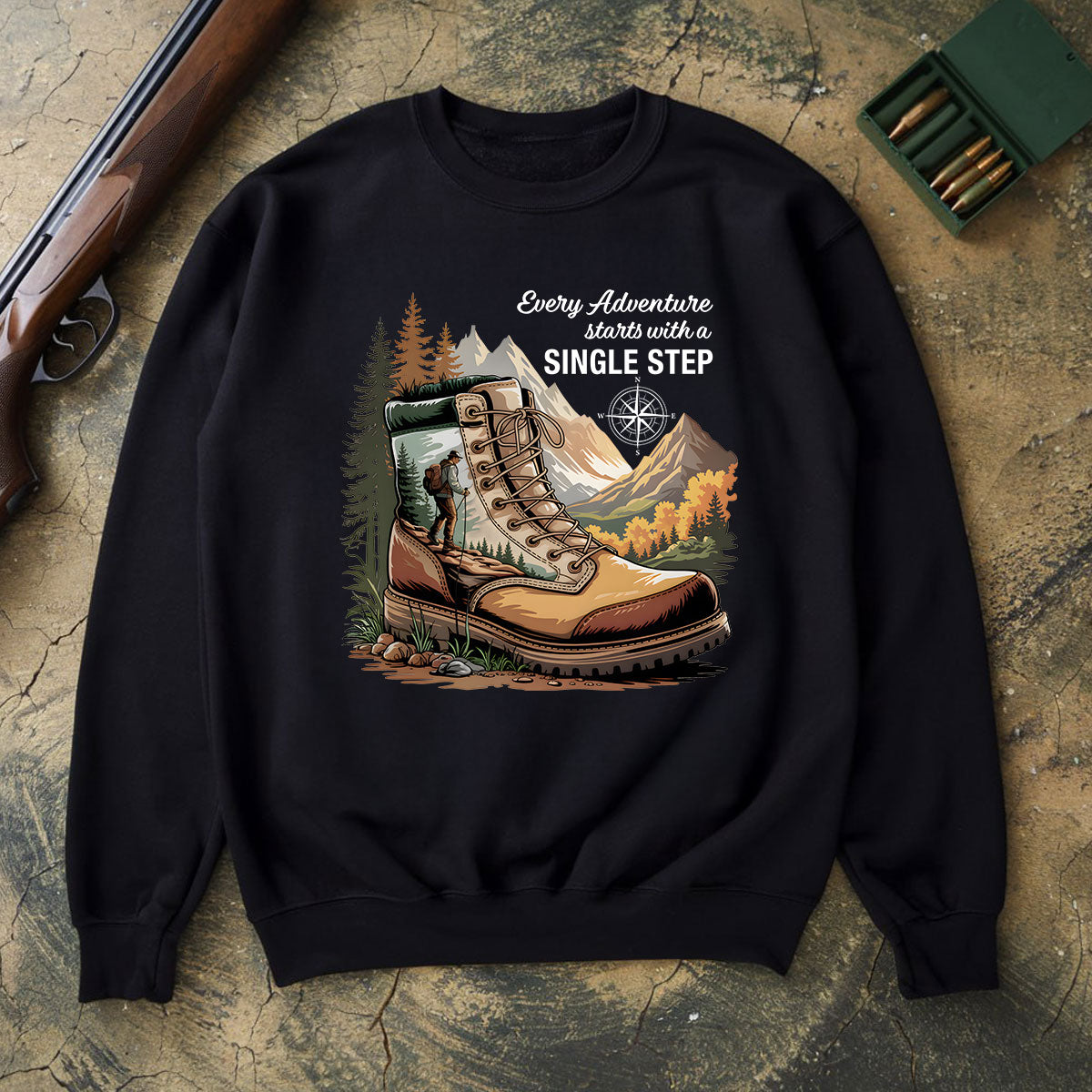 Hiking Boots Mountain Tee, Every Adventure Starts With A Single Step Shirt, Gift For Hikers, Wapiti Craft Sweatshirt