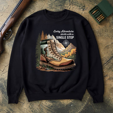 Hiking Boots Mountain Tee, Every Adventure Starts With A Single Step Shirt, Gift For Hikers, Wapiti Craft Sweatshirt