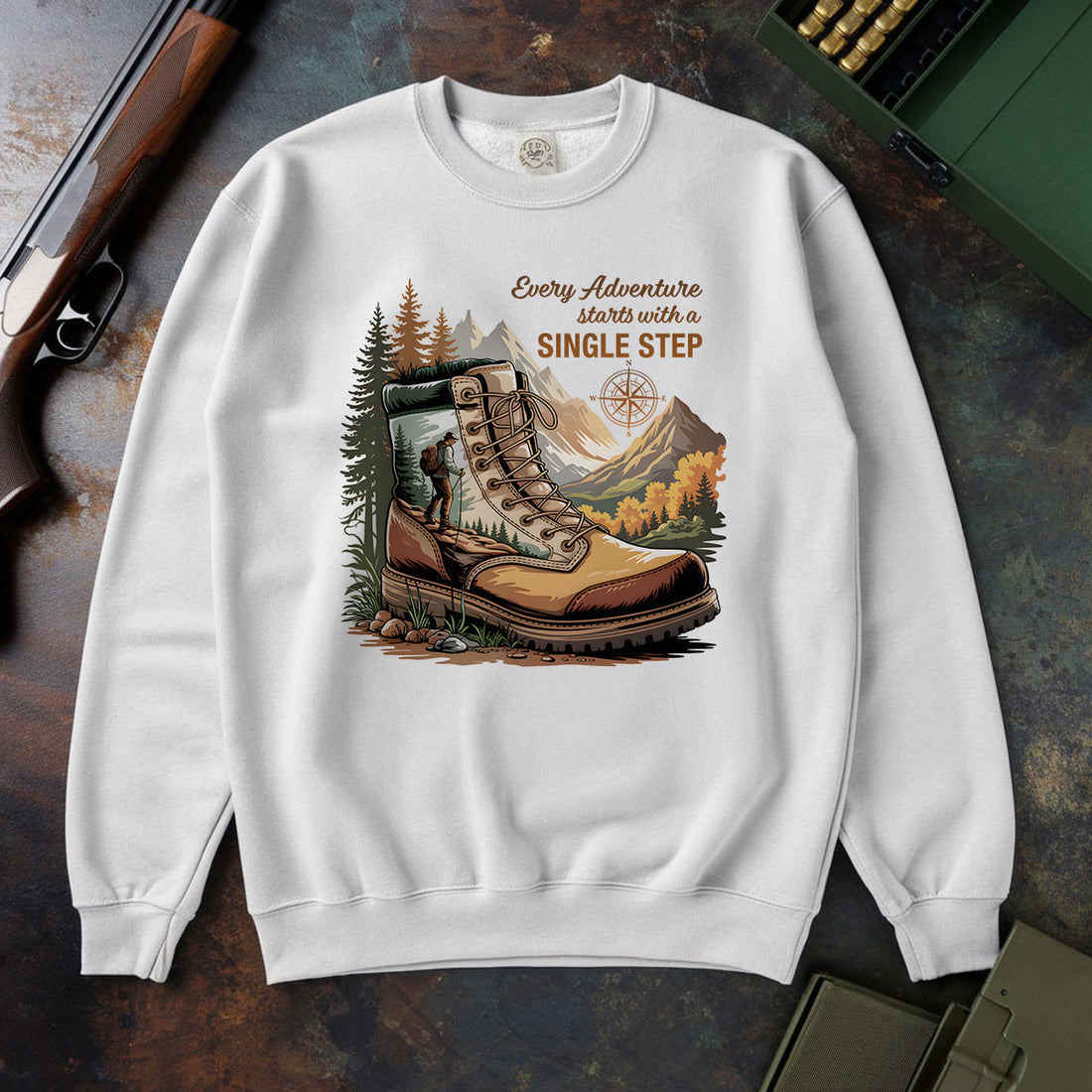 Hiking Boots Mountain Tee, Every Adventure Starts With A Single Step Shirt, Gift For Hikers, Wapiti Craft Sweatshirt
