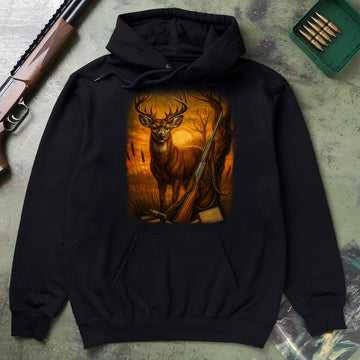Buck Silhouette Sunset Graphic Tee, Deer Hunting Shirt For Men, Rifle Hunt Scene Shirt, Gift For Hunters, Wapiti Craft Hoodie