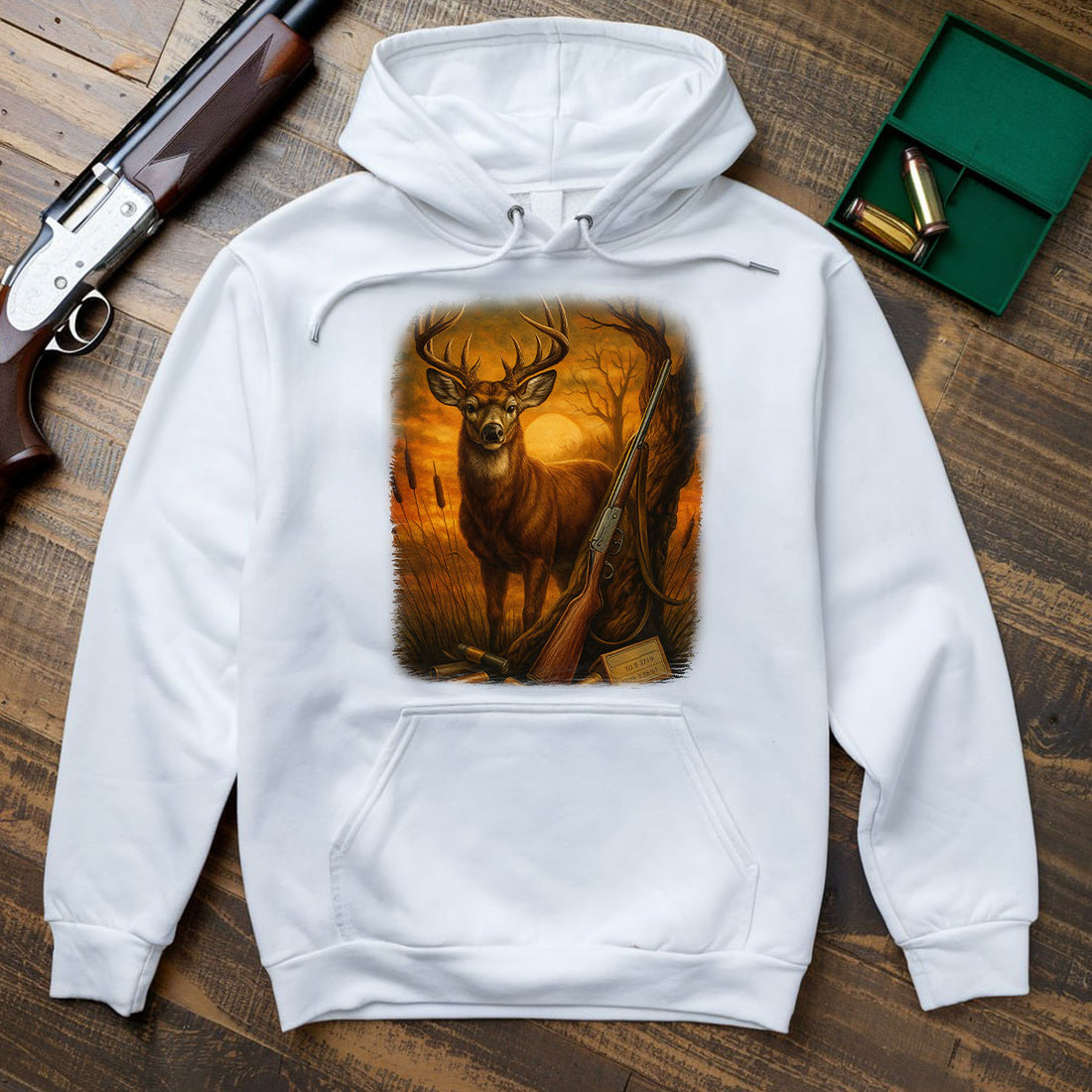 Buck Silhouette Sunset Graphic Tee, Deer Hunting Shirt For Men, Rifle Hunt Scene Shirt, Gift For Hunters, Wapiti Craft Hoodie