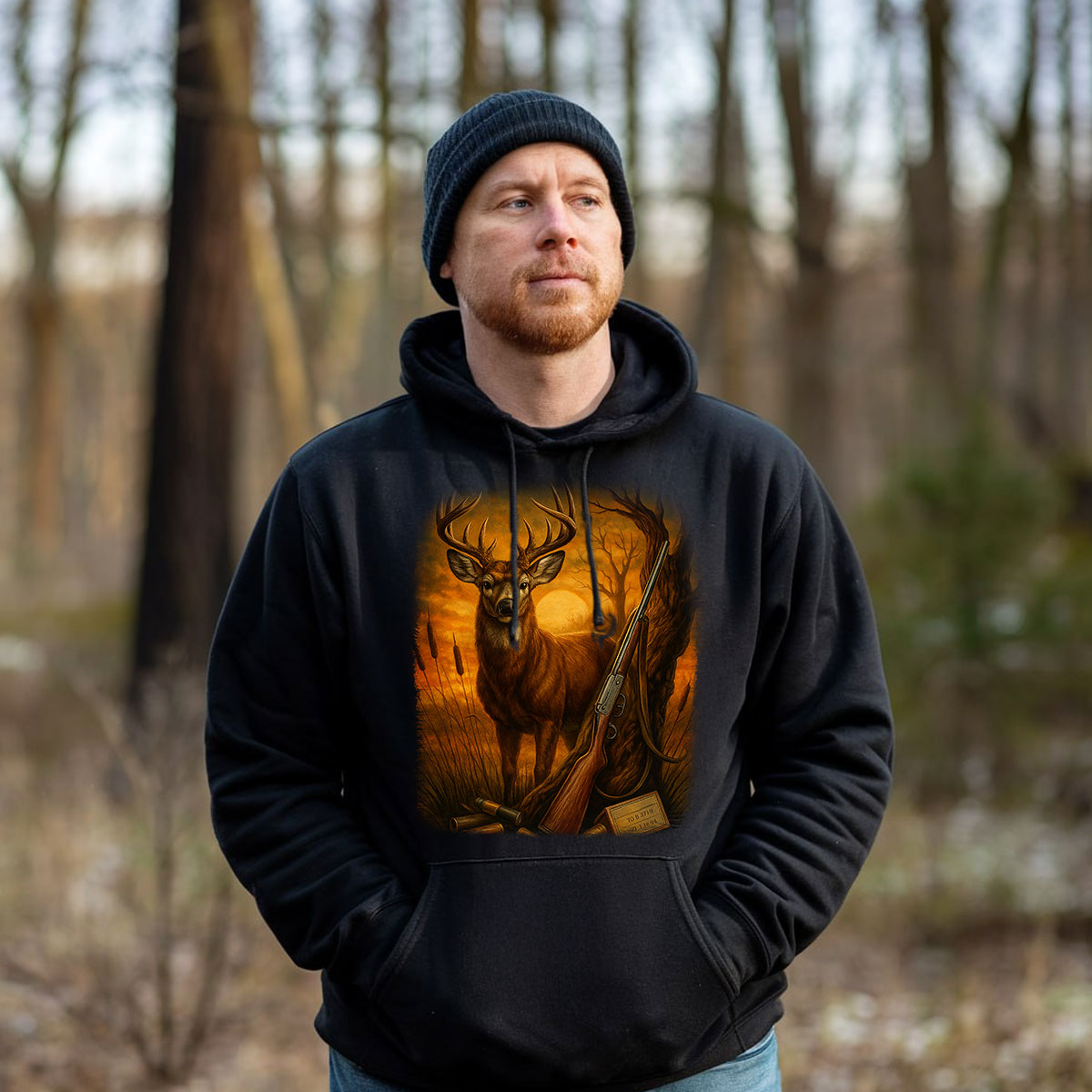 Buck Silhouette Sunset Graphic Tee, Deer Hunting Shirt For Men, Rifle Hunt Scene Shirt, Gift For Hunters, Wapiti Craft Hoodie