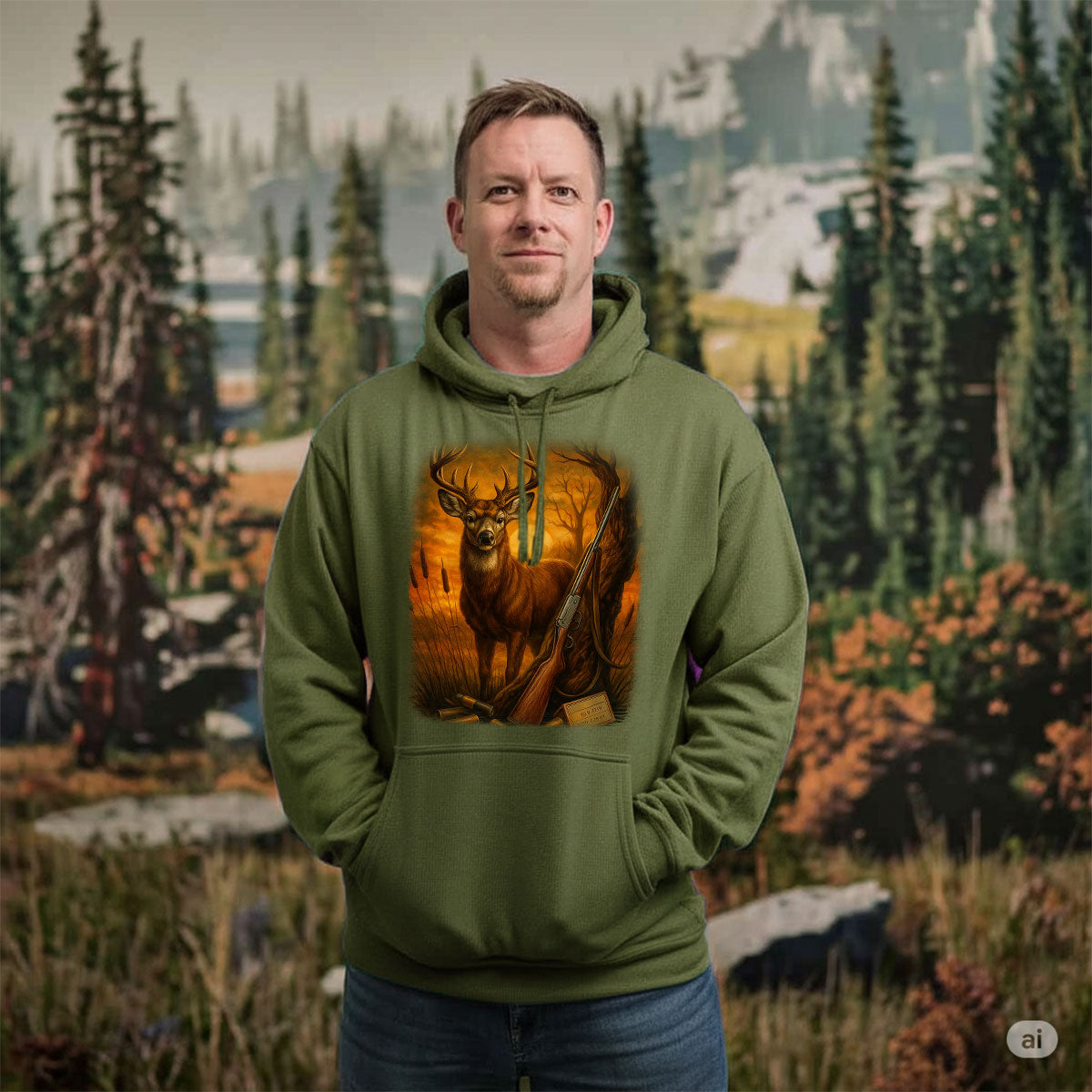 Buck Silhouette Sunset Graphic Tee, Deer Hunting Shirt For Men, Rifle Hunt Scene Shirt, Gift For Hunters, Wapiti Craft Hoodie