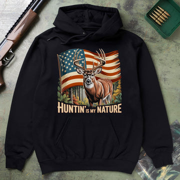 American Flag Buck Deer Shirt, Patriotic Hunting Shirt For Men, Huntin Is My Nature Shirt, Gift For Hunters, Wapiti Craft Hoodie
