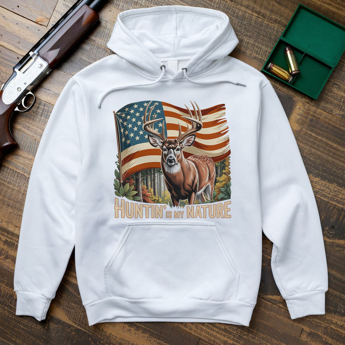 American Flag Buck Deer Shirt, Patriotic Hunting Shirt For Men, Huntin Is My Nature Shirt, Gift For Hunters, Wapiti Craft Hoodie