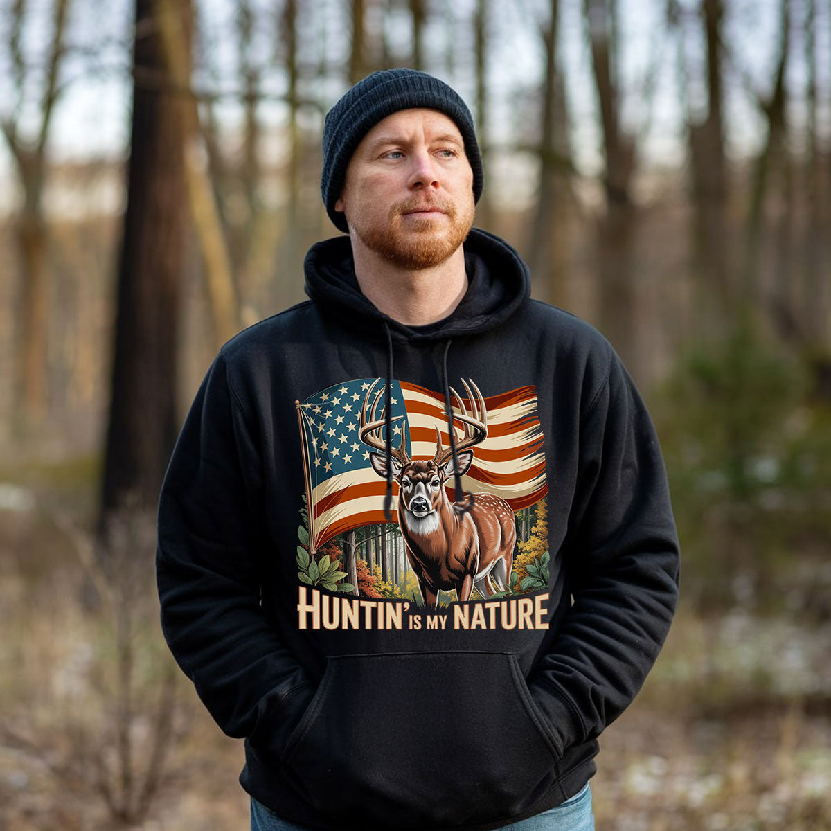 American Flag Buck Deer Shirt, Patriotic Hunting Shirt For Men, Huntin Is My Nature Shirt, Gift For Hunters, Wapiti Craft Hoodie