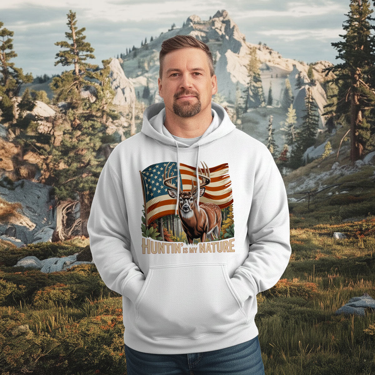 American Flag Buck Deer Shirt, Patriotic Hunting Shirt For Men, Huntin Is My Nature Shirt, Gift For Hunters, Wapiti Craft Hoodie