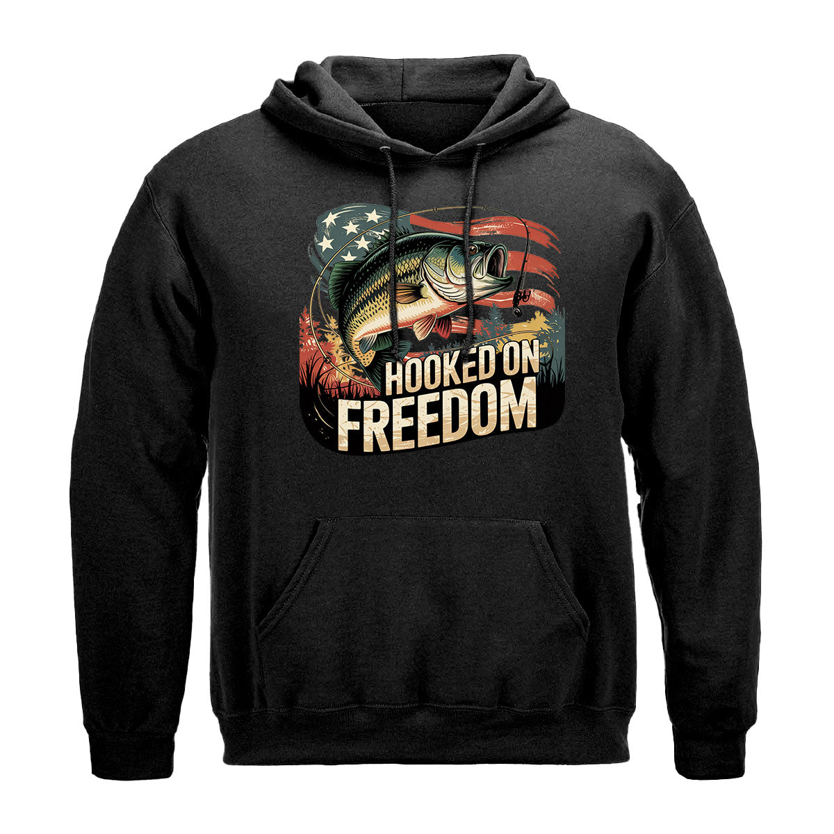 Hooked On Freedom Bass Graphic Tee, Patriotic Fishing Shirt For Men, American Flag Outdoors Shirt, Gift For Fishermen, Wapiti Craft Hoodie
