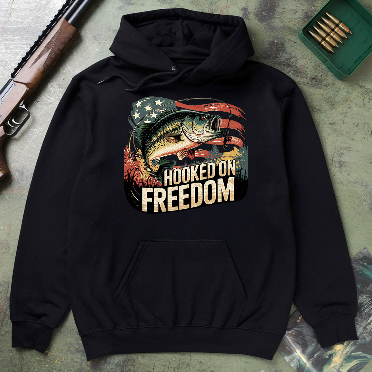 Hooked On Freedom Bass Graphic Tee, Patriotic Fishing Shirt For Men, American Flag Outdoors Shirt, Gift For Fishermen, Wapiti Craft Hoodie