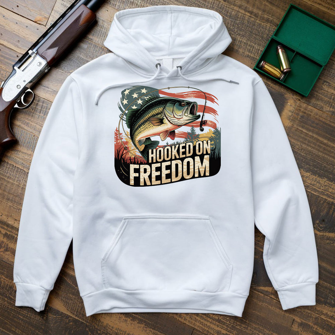 Hooked On Freedom Bass Graphic Tee, Patriotic Fishing Shirt For Men, American Flag Outdoors Shirt, Gift For Fishermen, Wapiti Craft Hoodie