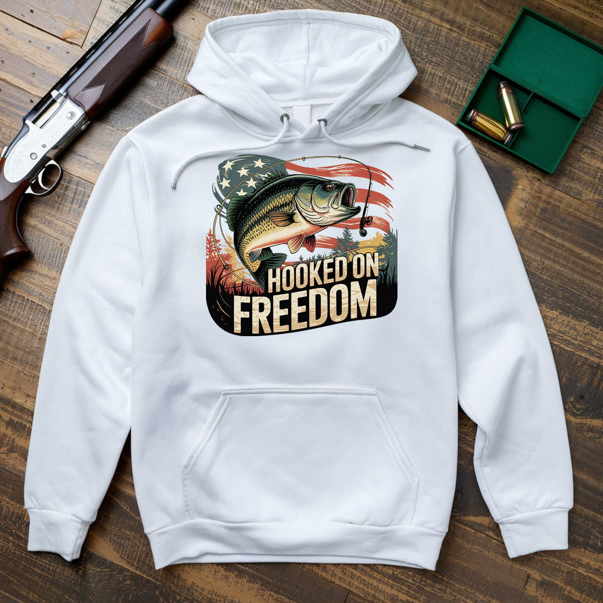 Hooked On Freedom Bass Graphic Tee, Patriotic Fishing Shirt For Men, American Flag Outdoors Shirt, Gift For Fishermen, Wapiti Craft Hoodie
