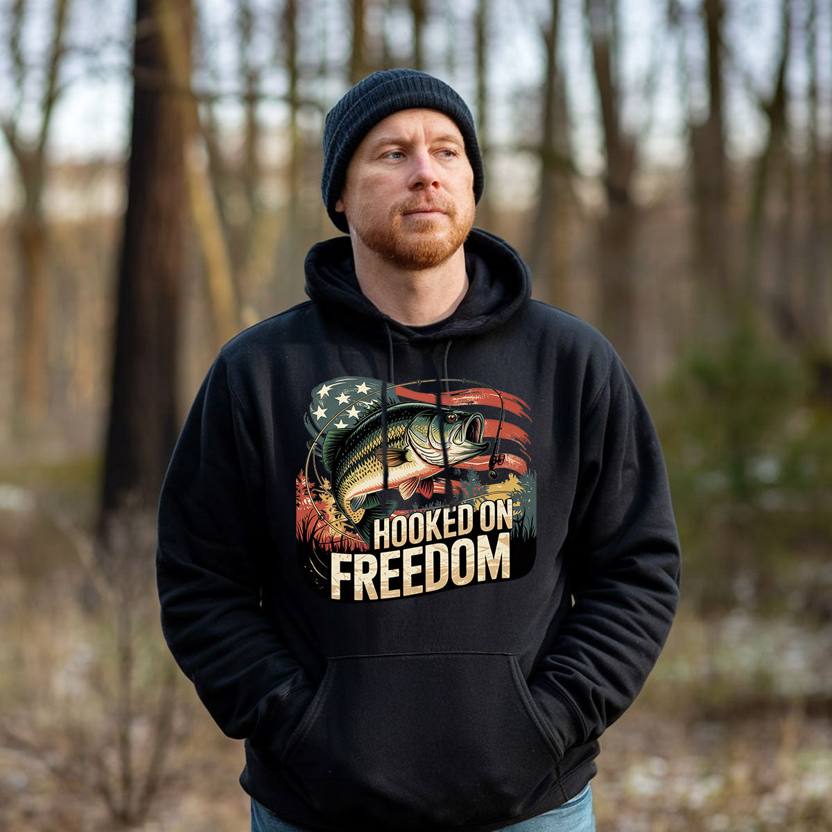 Hooked On Freedom Bass Graphic Tee, Patriotic Fishing Shirt For Men, American Flag Outdoors Shirt, Gift For Fishermen, Wapiti Craft Hoodie