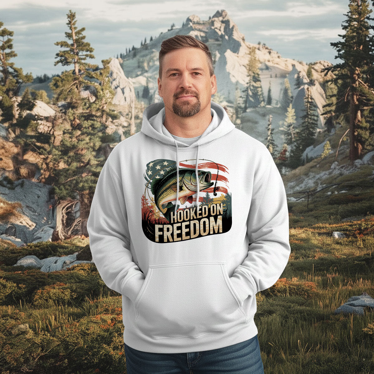 Hooked On Freedom Bass Graphic Tee, Patriotic Fishing Shirt For Men, American Flag Outdoors Shirt, Gift For Fishermen, Wapiti Craft Hoodie
