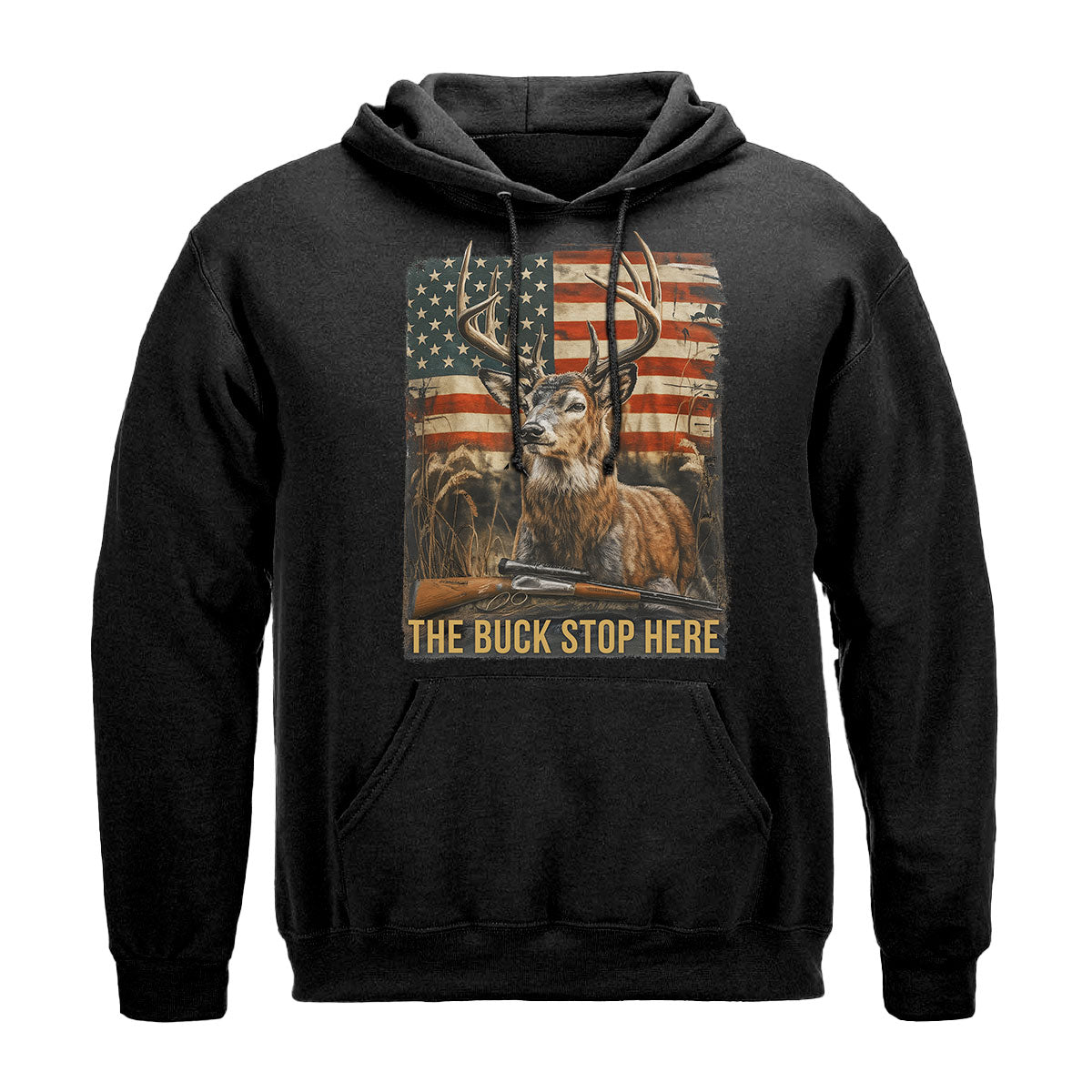 The Buck Stop Here Graphic Tee, Patriotic Deer Hunting Shirt For Men, American Flag And Rifle Art, Gift For Hunters, Wapiti Craft Hoodie
