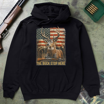 The Buck Stop Here Graphic Tee, Patriotic Deer Hunting Shirt For Men, American Flag And Rifle Art, Gift For Hunters, Wapiti Craft Hoodie