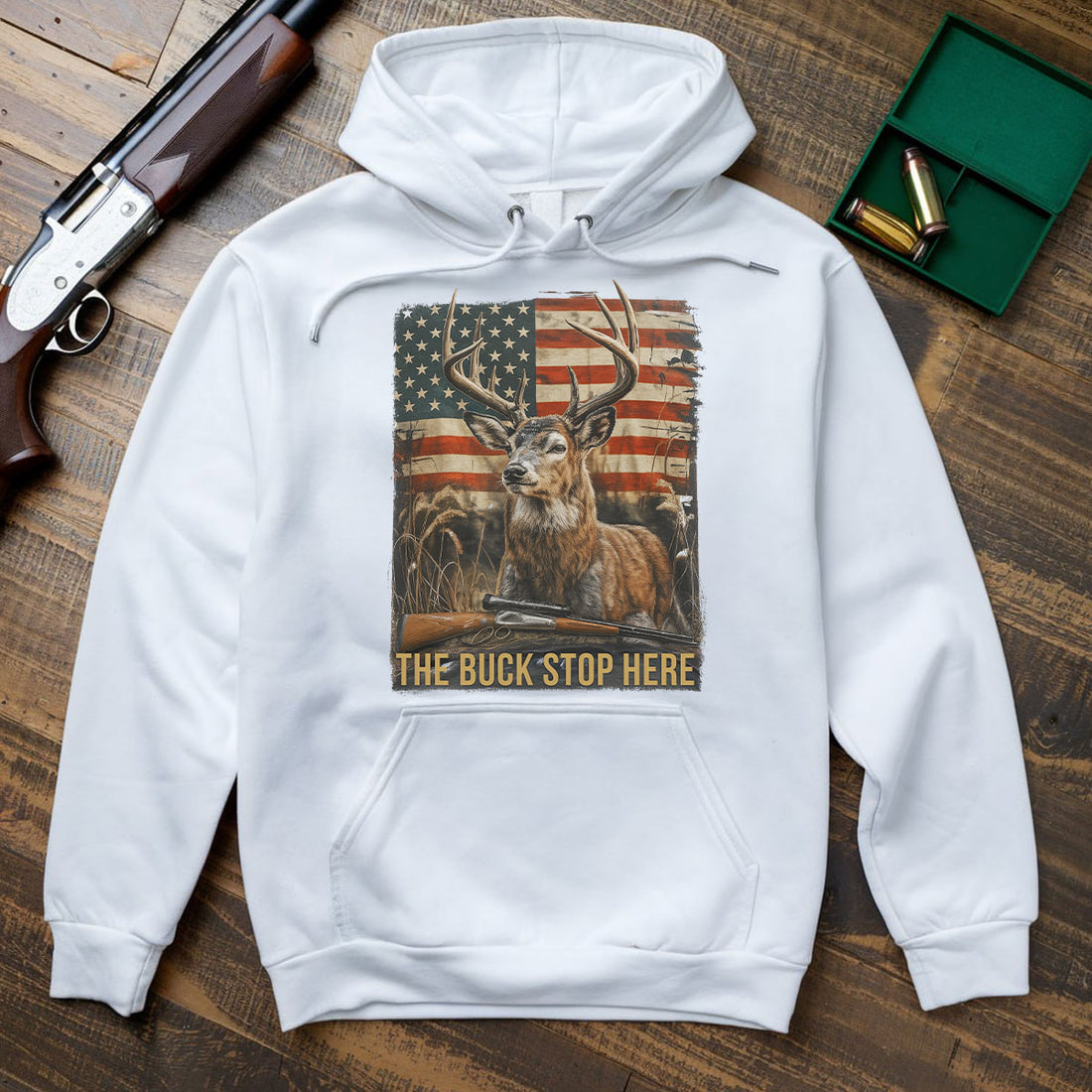 The Buck Stop Here Graphic Tee, Patriotic Deer Hunting Shirt For Men, American Flag And Rifle Art, Gift For Hunters, Wapiti Craft Hoodie