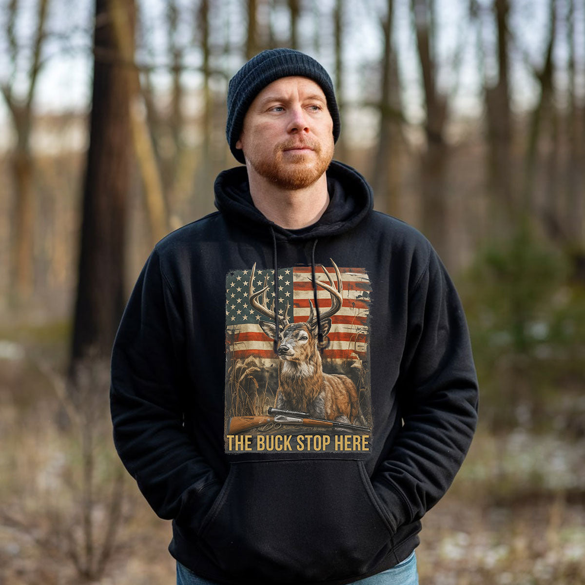 The Buck Stop Here Graphic Tee, Patriotic Deer Hunting Shirt For Men, American Flag And Rifle Art, Gift For Hunters, Wapiti Craft Hoodie