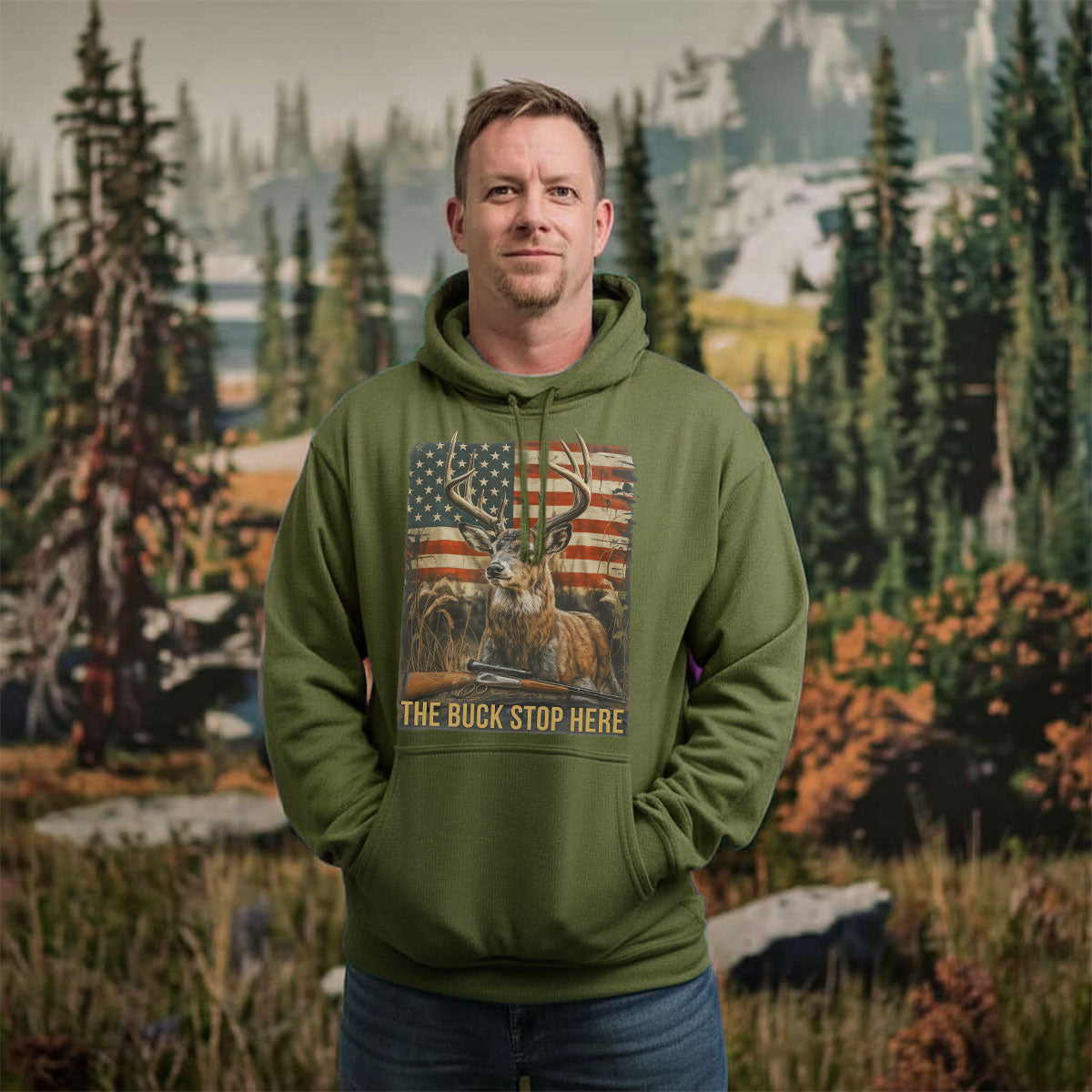 The Buck Stop Here Graphic Tee, Patriotic Deer Hunting Shirt For Men, American Flag And Rifle Art, Gift For Hunters, Wapiti Craft Hoodie