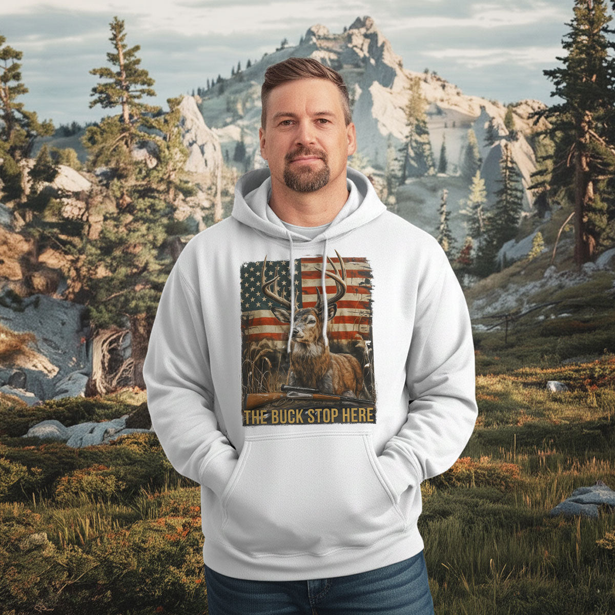 The Buck Stop Here Graphic Tee, Patriotic Deer Hunting Shirt For Men, American Flag And Rifle Art, Gift For Hunters, Wapiti Craft Hoodie