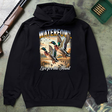 Waterfowl Hunting Shirt For Men, Flying Mallards Graphic Tee, Live For The Hunt Duck Scene Shirt, Gift For Hunters, Wapiti Craft Hoodie