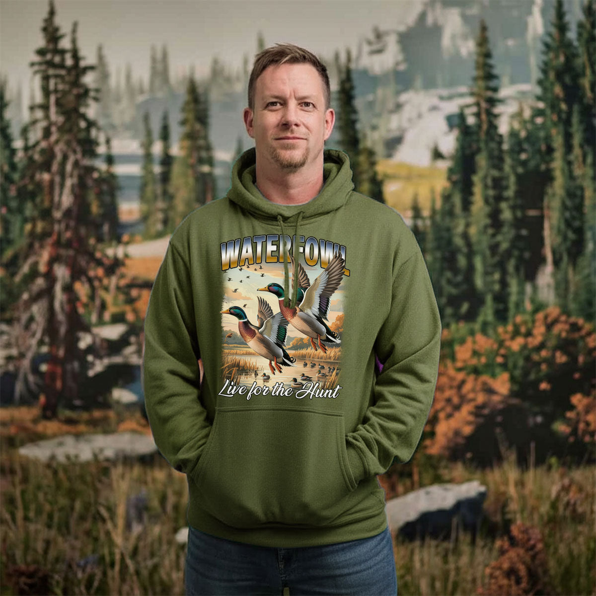 Waterfowl Hunting Shirt For Men, Flying Mallards Graphic Tee, Live For The Hunt Duck Scene Shirt, Gift For Hunters, Wapiti Craft Hoodie