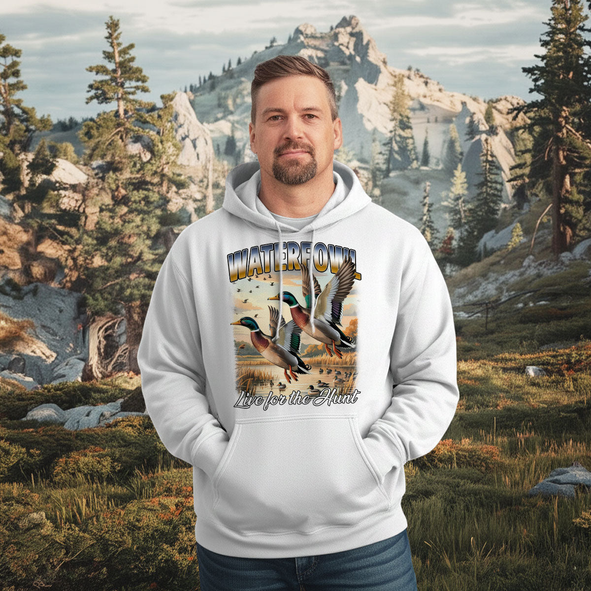 Waterfowl Hunting Shirt For Men, Flying Mallards Graphic Tee, Live For The Hunt Duck Scene Shirt, Gift For Hunters, Wapiti Craft Hoodie