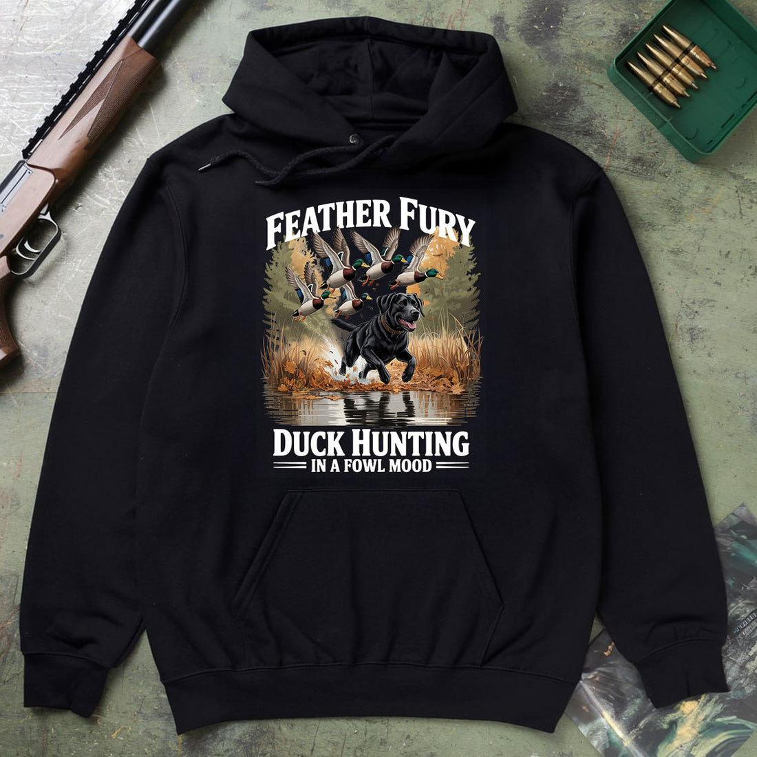 Feather Fury Waterfowl Graphic Tee, Duck Hunting Shirt With Dog And Mallards, In A Fowl Mood Quote, Gift For Hunters, Wapiti Craft Hoodie