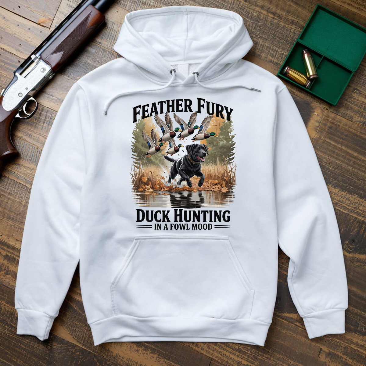 Feather Fury Waterfowl Graphic Tee, Duck Hunting Shirt With Dog And Mallards, In A Fowl Mood Quote, Gift For Hunters, Wapiti Craft Hoodie