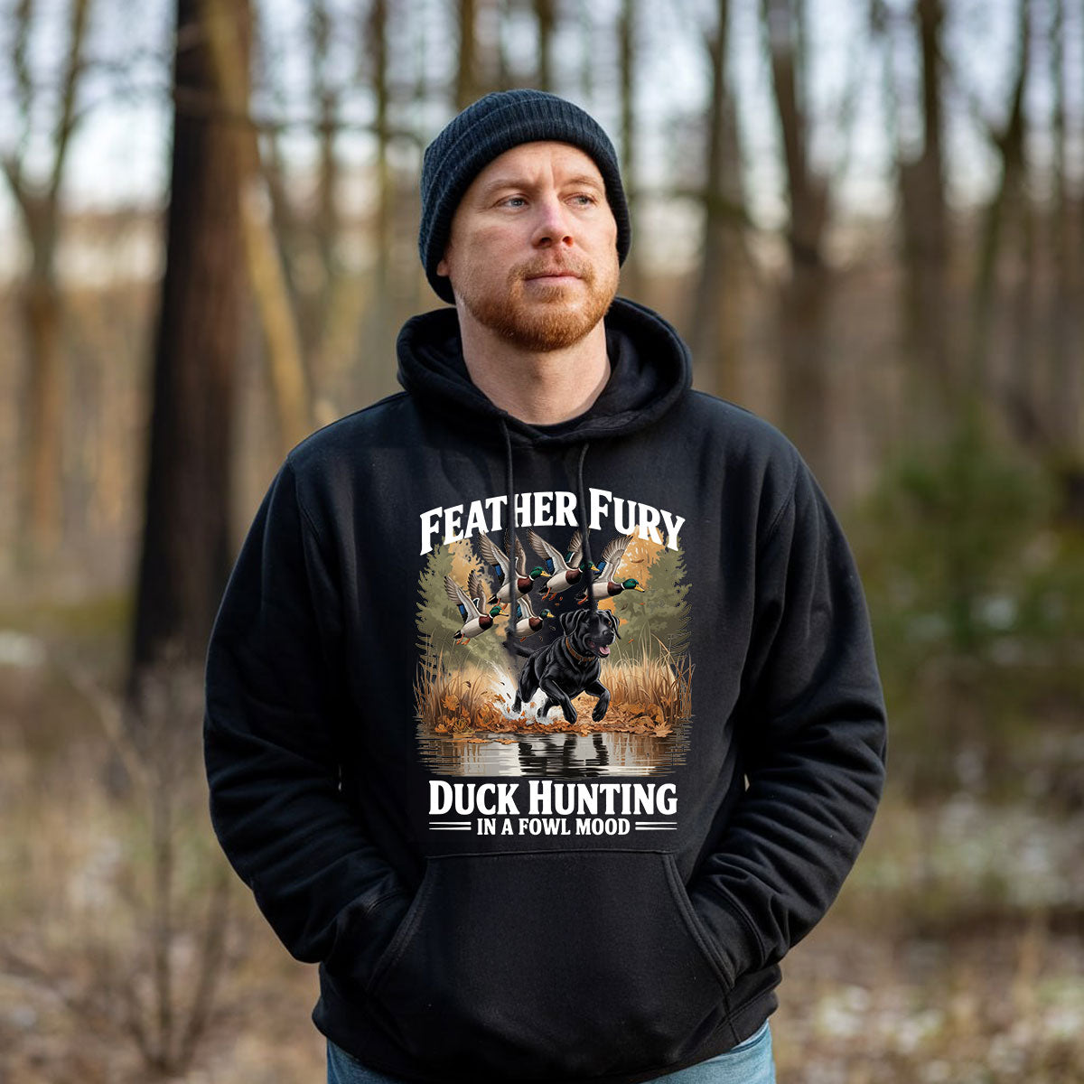 Feather Fury Waterfowl Graphic Tee, Duck Hunting Shirt With Dog And Mallards, In A Fowl Mood Quote, Gift For Hunters, Wapiti Craft Hoodie