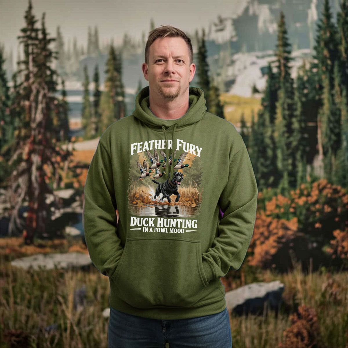 Feather Fury Waterfowl Graphic Tee, Duck Hunting Shirt With Dog And Mallards, In A Fowl Mood Quote, Gift For Hunters, Wapiti Craft Hoodie
