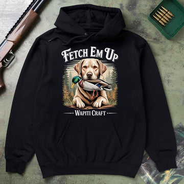 Fetch Em Up Hunter Graphic Shirt, Duck Hunting Dog Shirt For Men, Retriever With Mallard Tee, Gift For Waterfowl Lovers, Wapiti Craft Hoodie