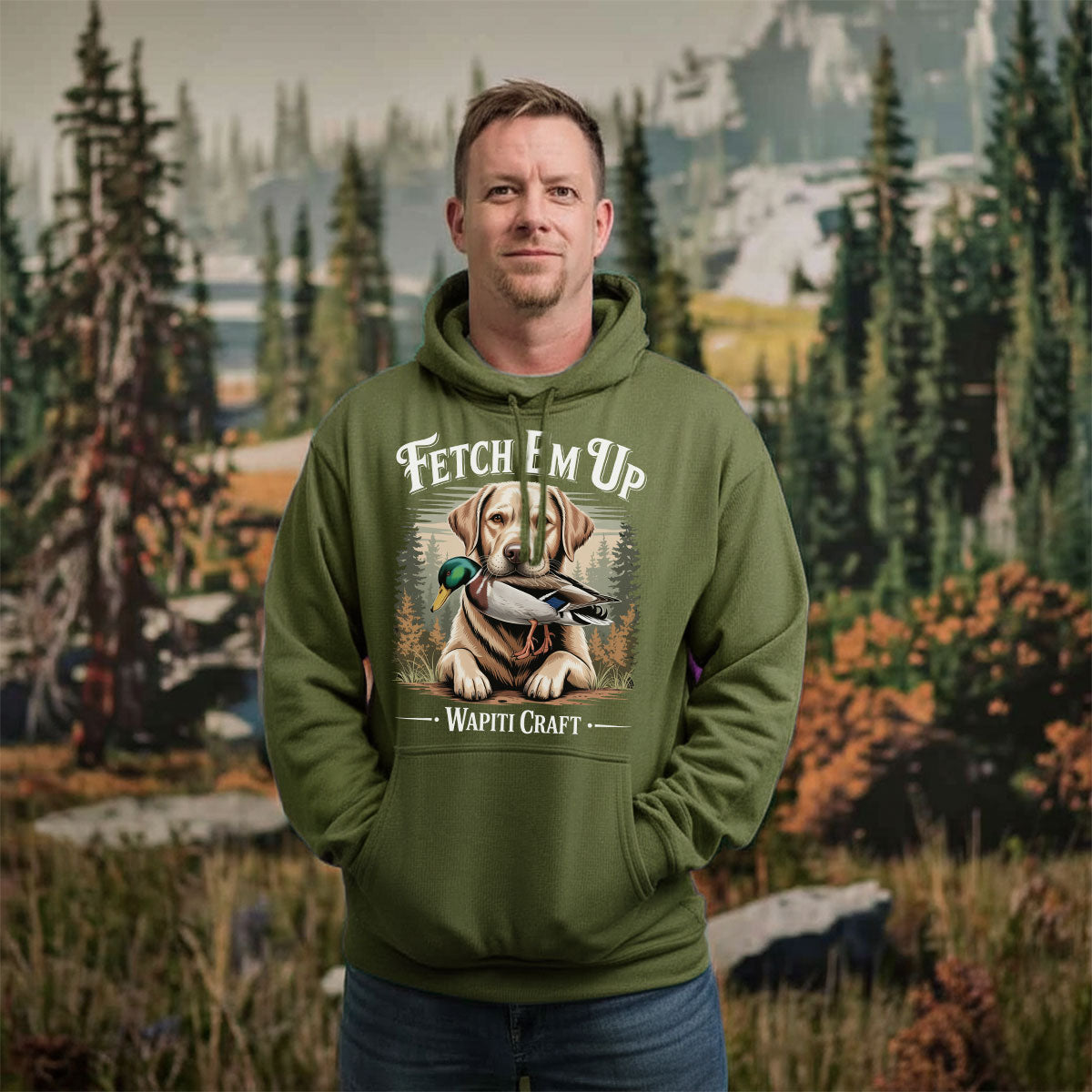 Fetch Em Up Hunter Graphic Shirt, Duck Hunting Dog Shirt For Men, Retriever With Mallard Tee, Gift For Waterfowl Lovers, Wapiti Craft Hoodie