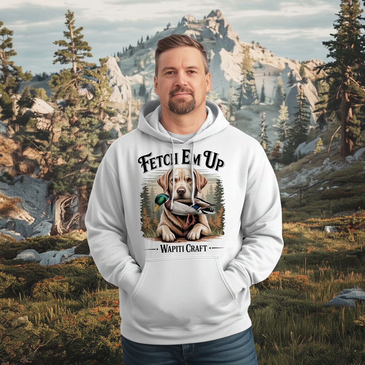Fetch Em Up Hunter Graphic Shirt, Duck Hunting Dog Shirt For Men, Retriever With Mallard Tee, Gift For Waterfowl Lovers, Wapiti Craft Hoodie