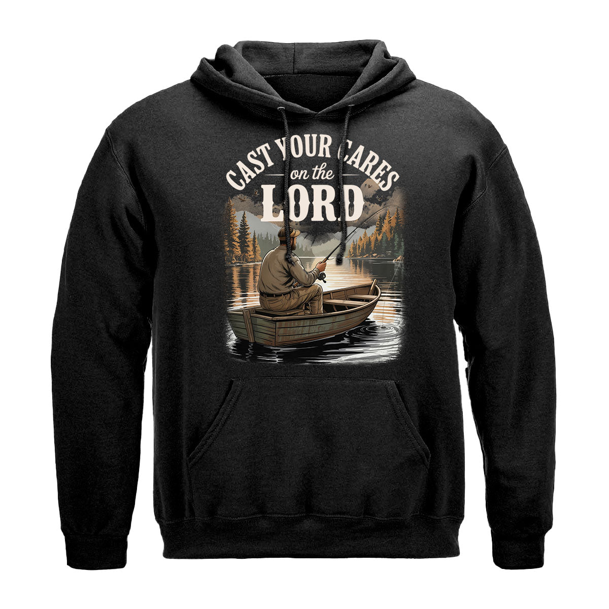 Christian Fishing Shirt For Men, Cast Your Cares On The Lord Boat Scene Tee, Faith Based Gift Idea, Gift For Fishermen, Wapiti Craft Hoodie