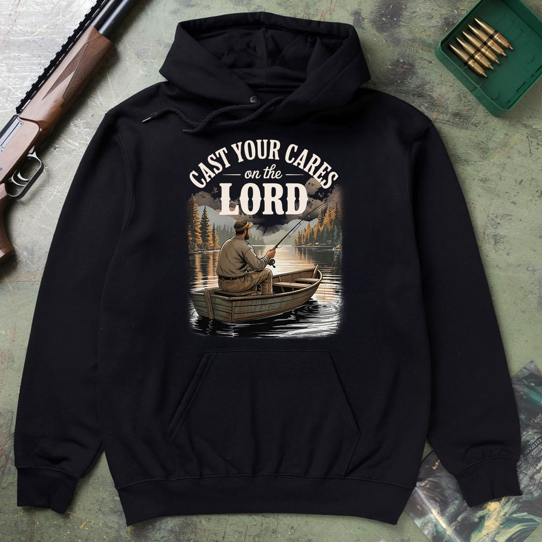 Christian Fishing Shirt For Men, Cast Your Cares On The Lord Boat Scene Tee, Faith Based Gift Idea, Gift For Fishermen, Wapiti Craft Hoodie