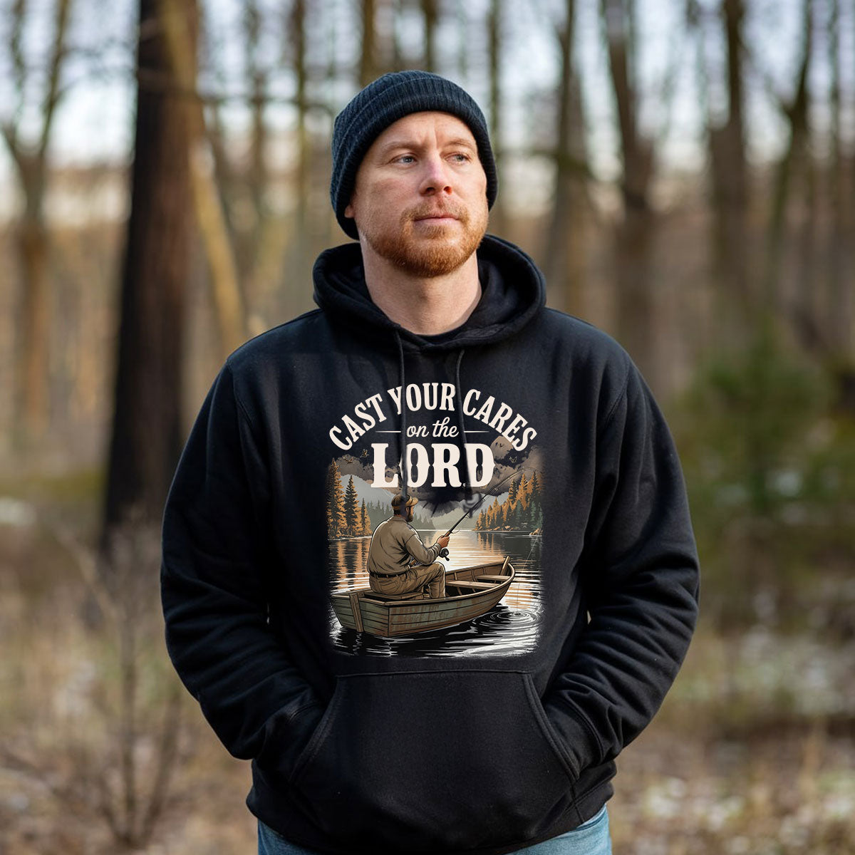 Christian Fishing Shirt For Men, Cast Your Cares On The Lord Boat Scene Tee, Faith Based Gift Idea, Gift For Fishermen, Wapiti Craft Hoodie